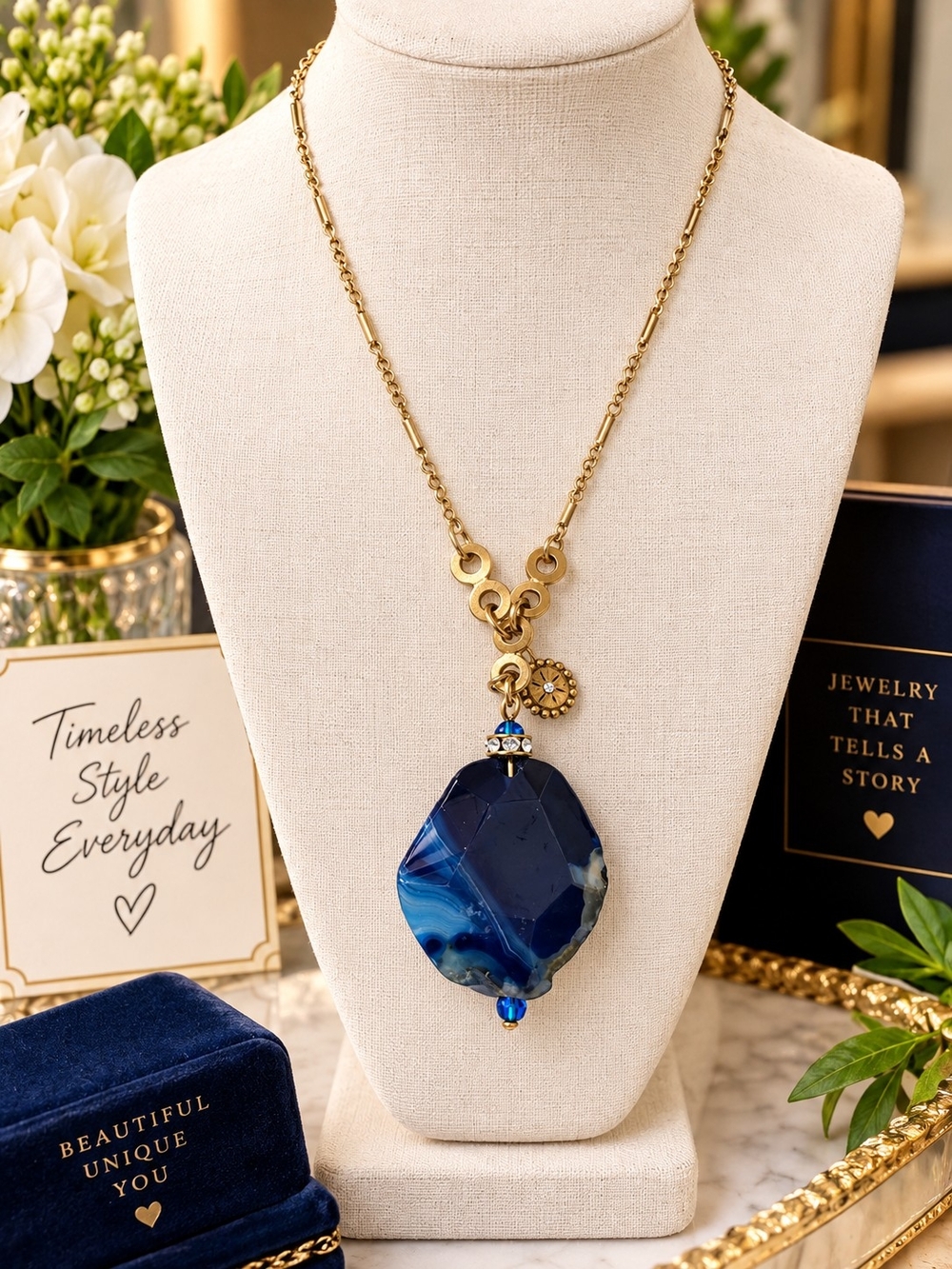 Gold Chain Necklace with Blue Agate Pendant